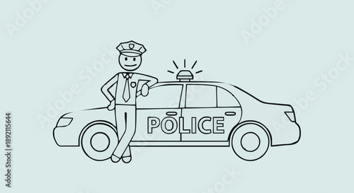 Cartoon Police Officer Standing Next to Police Car.