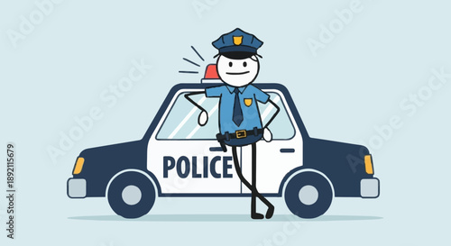 Cartoon Police Officer Standing Next to Police Car.