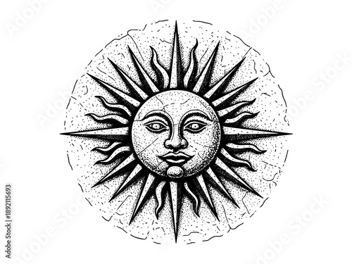 Ancient sun disc engraving illustration for mythological branding
