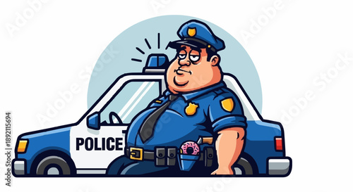 Cartoon Police Officer Standing Next To Police Car.