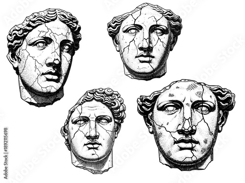 Broken Greek marble statue head engraving for classical branding