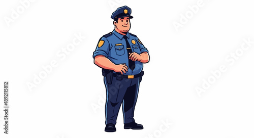 Cartoon Police Officer Standing Uniformed Authority Figure.