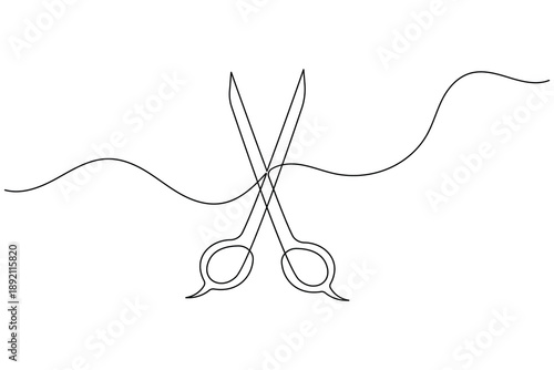 Scissors and hair cutting tool in continuous one line art style on white background