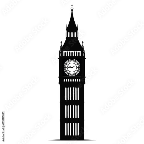 Big ben black silhouette, famous clock tower of London, iconic british landmark, vector illustration isolated on transparent background
