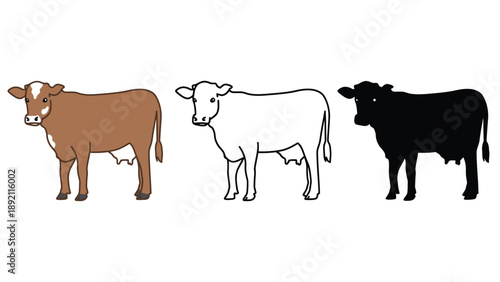 An illustration of three cows in different colors and styles standing side by side