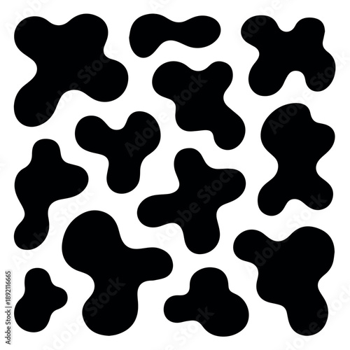 A collection of various irregular black blob shapes, resembling organic ink splatters or abstract paint splotches, creating a dynamic and versatile design element on a clean white background.