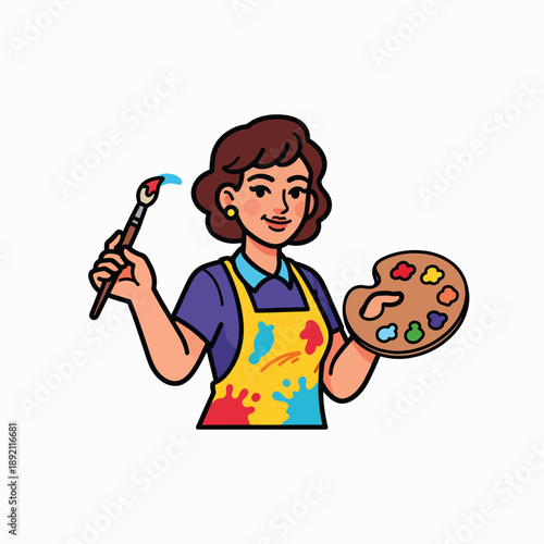 A Woman Wearing An Apron Holding A Paintbrush And A Palette Of Colors Creating Art