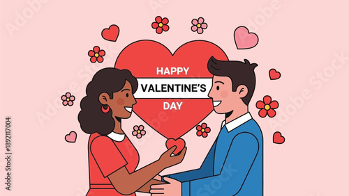 Happy Valentine's Day Couple Exchanging Hearts Illustration