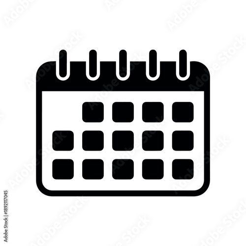 A simple black icon representing a monthly calendar, clearly displaying multiple days in a grid format with ring binders at the top, signifying scheduling and time management.