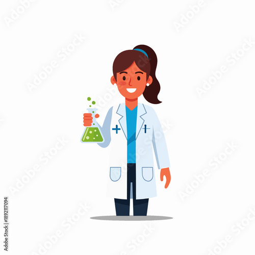 Young Woman Scientist Holding a Flask with Green Bubbling Liquid During a Scientific Experiment