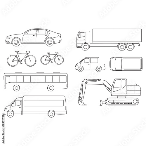 CAD Vehicle Drawings Set – Outline Vector Cars, Bikes, Trucks and Buses