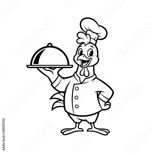 Cartoon chef holding a food tray in a restaurant kitchen illustration
