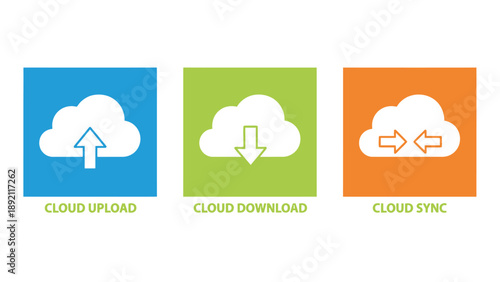 Cloud computing icons for upload, download, and sync operations