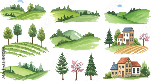 Collection of charming watercolor illustrations depicting rolling green hills idyllic countryside landscapes and rustic European style village houses