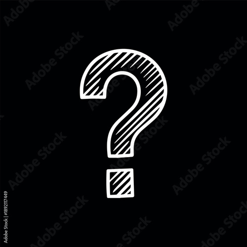 A white hand-drawn style question mark with a cross-hatch texture, standing out prominently against a solid dark black background, symbolizing inquiry and mystery.