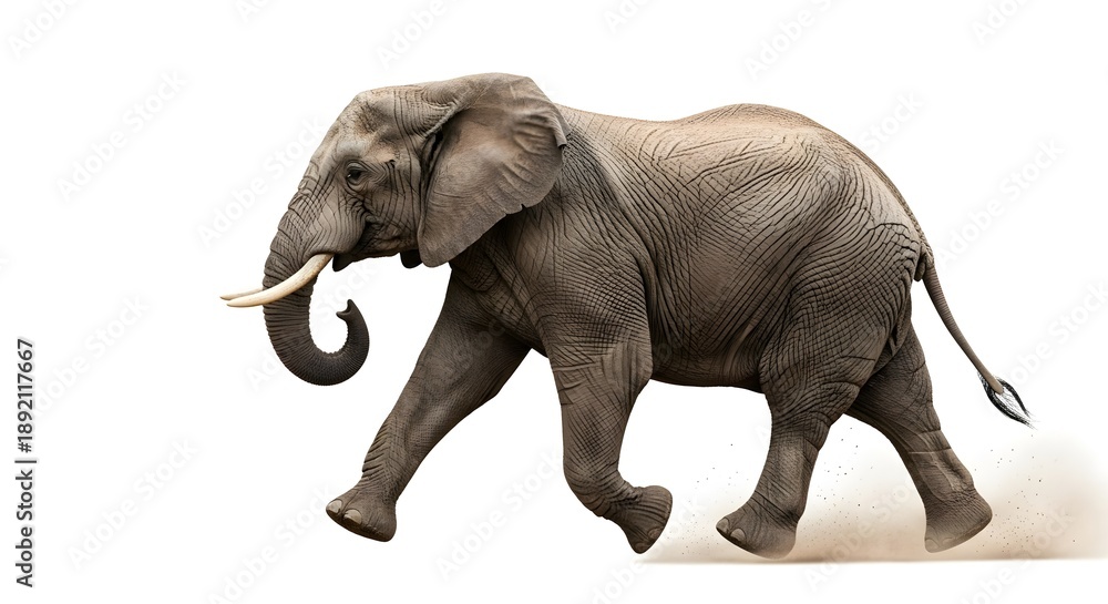 Fototapeta premium African elephant walking isolated on white background for wildlife projects