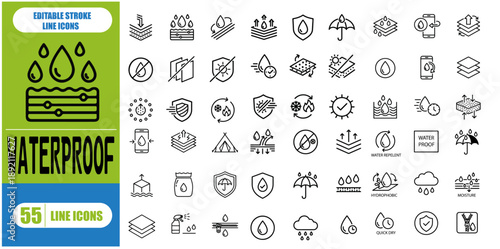 WATERPROOF ICON SET, CONTAINING WATER PROTECTION, WATER RESISTANT, DROPS, MOISTURE, ANTI WETTING MATERIAL, HYDROPHOBIC, WEATHERPROOF, RAIN, AND MORE, VECTOR ILLUSTRATION, 