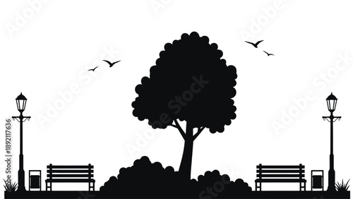 A serene park scene with a tree and benches at dusk