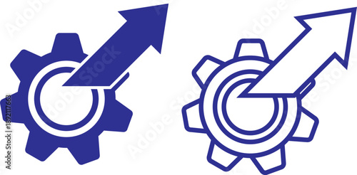 Industrial gear with upward arrow representing business growth and technical efficiency optimization in professional context. Gear icon with three upward arrows indicating growth, progress, and improv