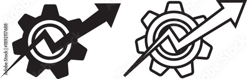 Industrial gear with upward arrow representing business growth and technical efficiency optimization in professional context. Gear icon with three upward arrows indicating growth, progress, and improv