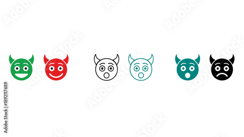 A set of colorful devil faces with different emotions on white background