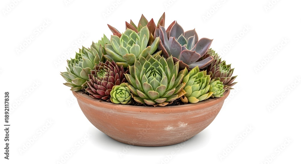 Fototapeta premium Close up of vibrant succulent plants in a rustic ceramic pot on white background