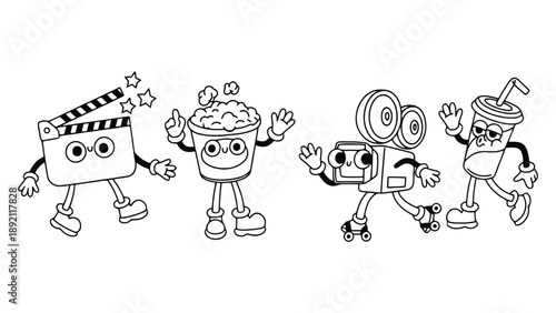 A colorful illustration of cartoon movie and snack characters waving happily