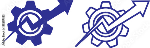 Industrial gear with upward arrow representing business growth and technical efficiency optimization in professional context. Gear icon with three upward arrows indicating growth, progress, and improv