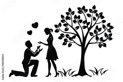 Silhouette Man Proposing to Woman Under HeartShaped Leaf Tree With Floating Hearts