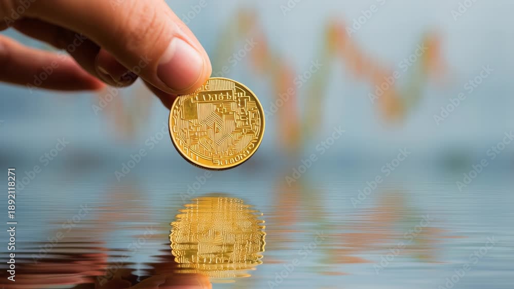 Gold coin price forecast with digital coin reflection on water surface ...