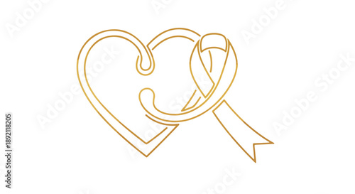 A minimalist line drawing of intertwined hearts with a ribbon forming a symbol of support for child cancer awareness on a white background with warm golden tones.