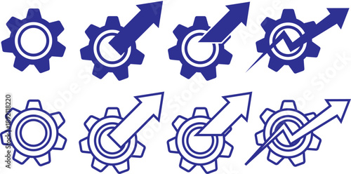 Industrial gear with upward arrow representing business growth and technical efficiency optimization in professional context. Gear icon with three upward arrows indicating growth, progress, and improv
