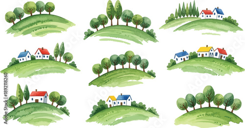 Collection of charming watercolor painted green hills featuring small colorful houses and various stylized trees set against a clean white background