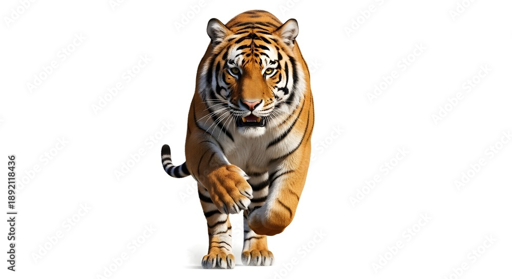 Obraz premium Striking tiger portrait isolated orange and black predator against white