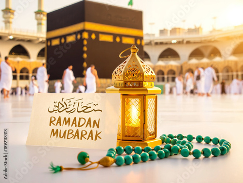 Ramadan mubarak greeting with a traditional lantern and prayer beads in front of the holy kaaba