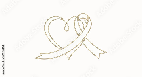 A minimalist gold line drawing of a heart intertwined with a ribbon on a white background, symbolizing support for child cancer awareness with a simple and elegant design.