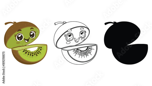 A colorful illustration of a kiwi fruit with smiling faces