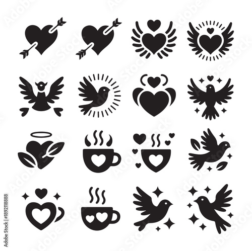 Romantic Bird Heart Icon Collection