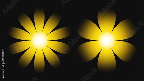 Abstract illustration of two glowing yellow flowers with bright centers against a dark backdrop