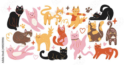 Playful domestic cats in retro cartoon style. Cute cats in different poses, stretching, sitting and sleeping, funny feline shapes with paws and hearts, cozy pet illustrations and playful kitten