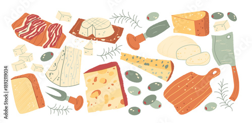 Varieties of cheese in retro cartoon style. Antipasti set: mozzarella, gouda, parmesan, olives, grapes. Gourmet snack,cheese plate  composition, illustration in funky, doodle style, sticker set.