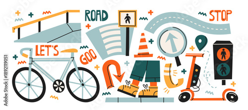 Urban transport stickers in retro cartoon style. City mobility elements: bicycle, scooter, traffic lights, road signs, pedestrian crossing. Modern city movement concept for navigation, safety 