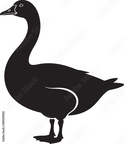 Black silhouette of a goose standing, clean graphic illustration on a grey background
