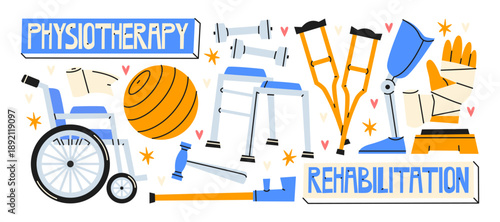 Physiotherapy and rehabilitation stickers in retro cartoon style. Medical equipment: wheelchair, crutches, walker, dumbbells, exercise ball. Recovery care concept, healthcare support stickers 