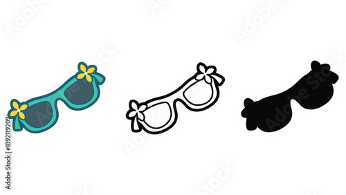 A colorful illustration of three pairs of sunglasses with flowers