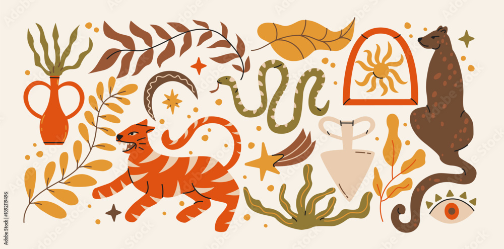 Naklejka premium Mystical boho tropical forest animals, plants, moon, sun.Ethnic magical symbols for spiritual illustration, folklore fairy tale, magical mysterious enigmatic forest. Nature bohemian decoration 