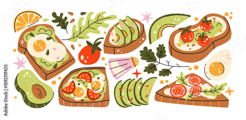 Avocado toast healthy breakfast stickers in retro cartoon style. Food elements: toast with avocado, fried egg, cherry tomatoes, greens, citrus slices. Clean eating morning concept for cafes, menus 