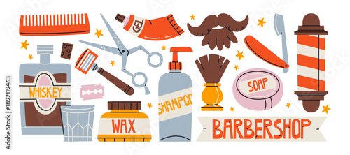 Barbershop cartoon objects set with barber tools and grooming accessories for hair salon branding and men care services. Vintage barber mascot elements for haircut advertising, poster and barbershop