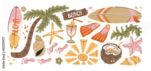 Seaside beach travel stickers in retro cartoon style. Coastal elements: sailboat, anchor, steering wheel, seagull, sandcastle, shells, direction signs. Summer vacation and ocean journey concept