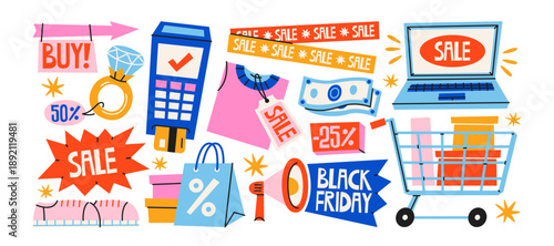 Black Friday sale stickers set with shopping elements, discount symbols and retail promotion icons for seasonal marketing campaigns. Cartoon sale shapes for ecommerce advertising, shopping promotion 